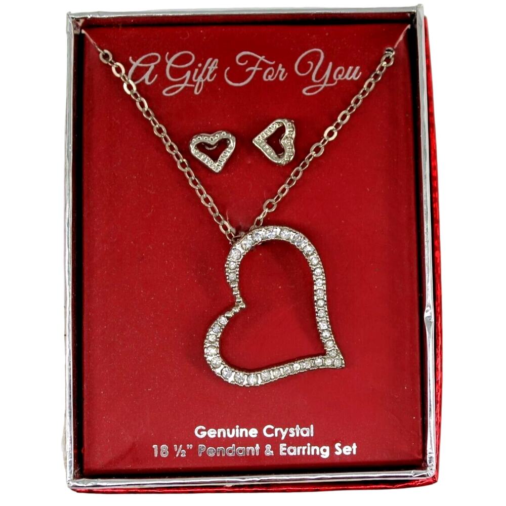 A Gift For You Necklace Earring Set Crystal Heart Silvertone 18-1/2" Chain • Box